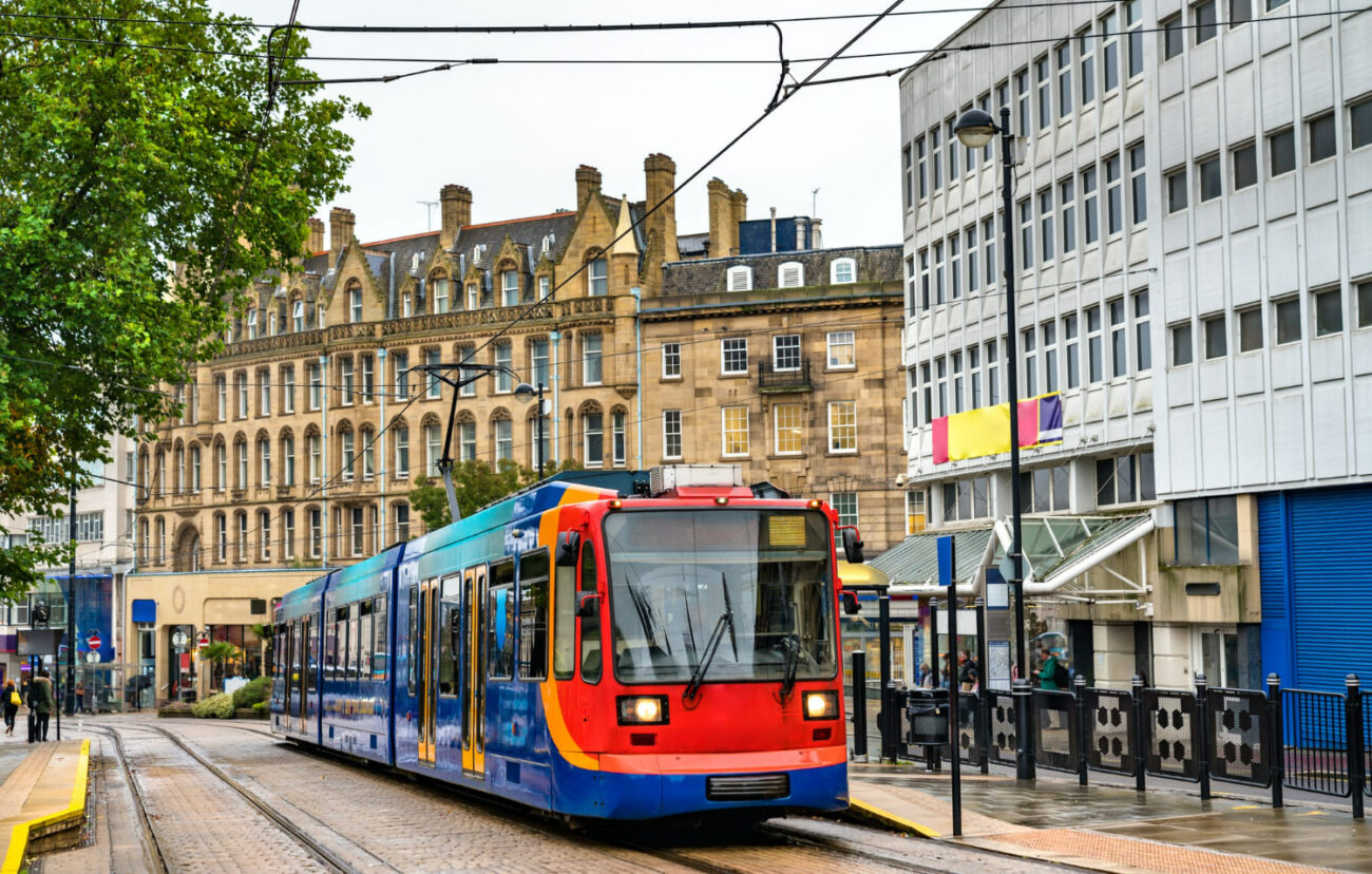 City tram at cathedral station in sheffield south yorkshire, england
