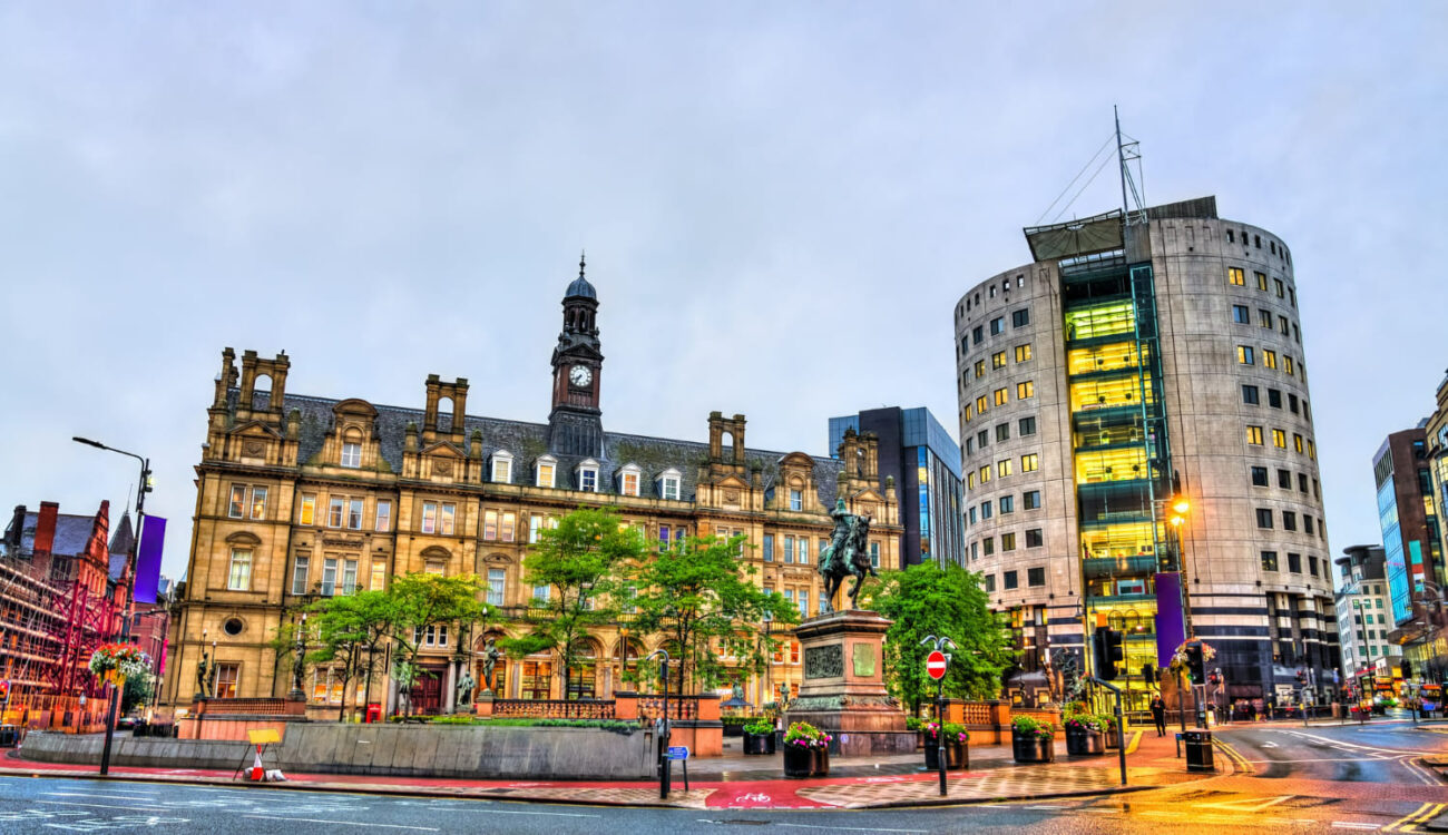 View of city square in leeds west yorkshire, england