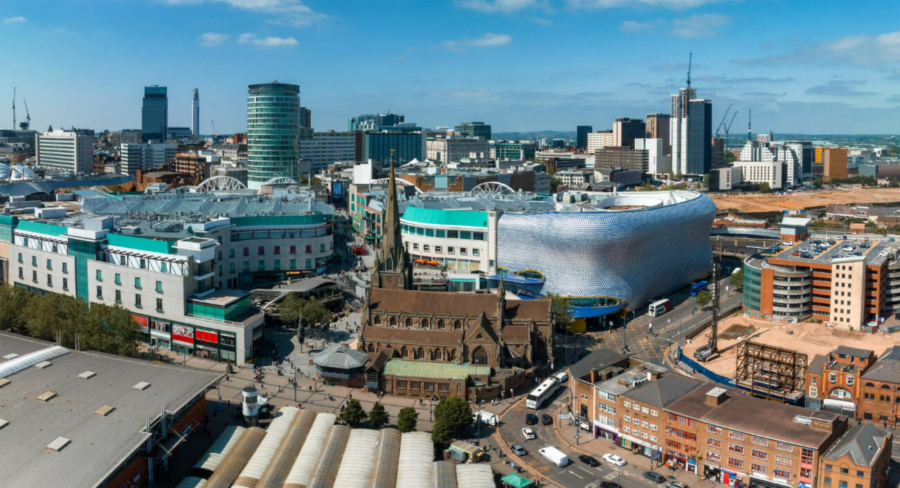 View of the skyline of birmingham uk including the church of st martin
